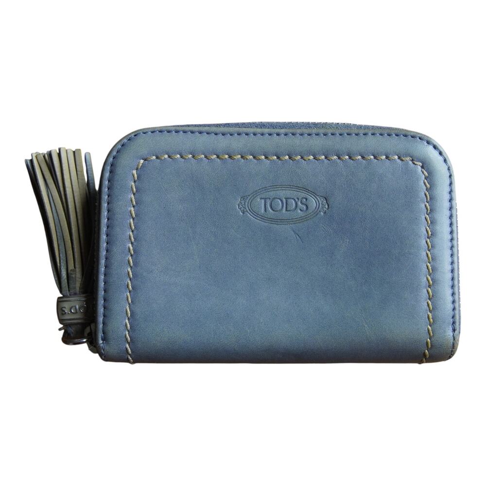 Tod’s Small Leather Zip Around Wallet Blue Tassel Made Italy Stained Interior